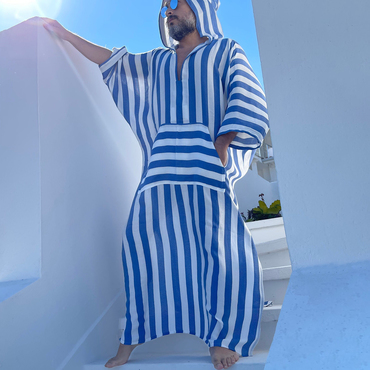 Kaftan Blue And White Chic Striped Hooded Resort Robe