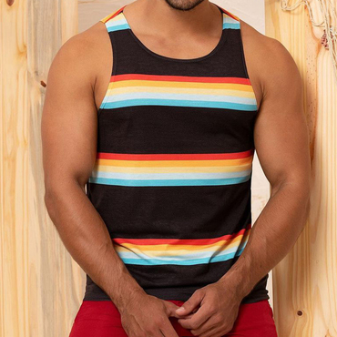 Summer Men's Rainbow Stripes Print Chic Tank Top Beach Casual Breathable Sleeveless Vest T-shirt