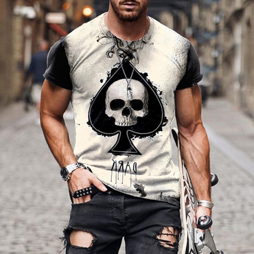 Men's Retro Casual Short Sleeve Chic T-shirt Skull Ace Of Spades Colorblock Top