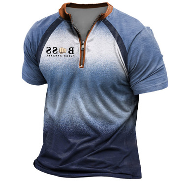 Men's Vintage Gradient Chic Zipper Henley Collar Short Sleeve T-shirt