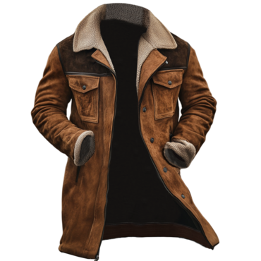 Men's Vintage Suede Patchwork Chic Lamb Fleece Multi-pocket Reverse Collar Outdoor Jacket Coat