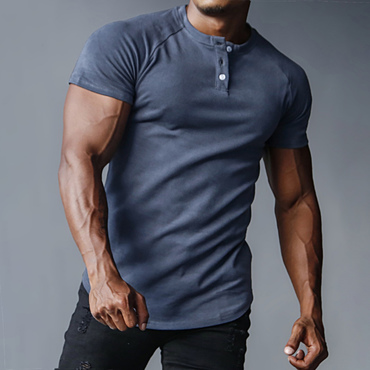 Men's Outdoor Casual Solid Chic Color Henry Collar Bottoming Shirt Sports Fitness Running Slim Short-sleeved T-shirt