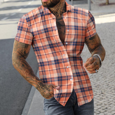 Men's Slim Fit Casual Chic Check Shirt Short Sleeve Cardigan Top