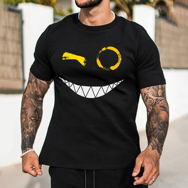 Men's Fashion Smiley Print Chic Short Sleeve T-shirt Casual Crew Neck Top