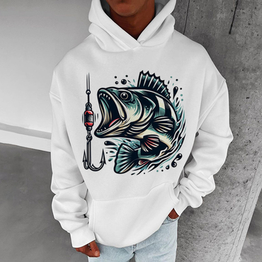 Oversized Unisex Fishing Print Chic Hooded Casual Sweatshirt