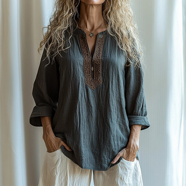 Women's Ethnic Linen V-neck Chic Long-sleeved Casual Shirt