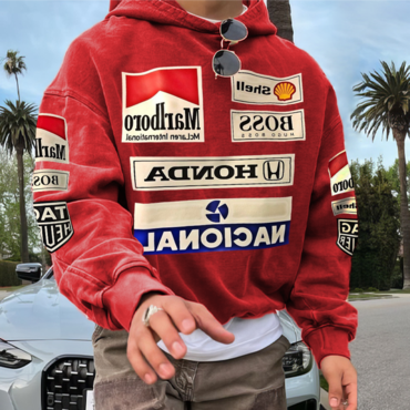 Men's Retro Racing Print Chic Red Oversized Hoodie