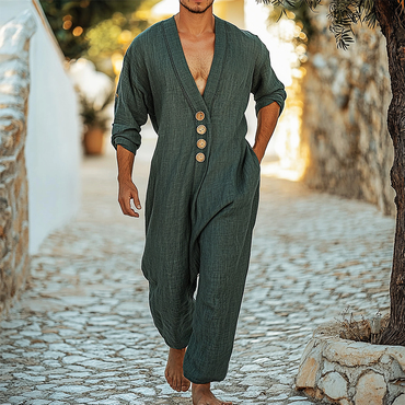 Men's Holiday Gentleman Long Sleeve Chic Casual Linen Jumpsuit