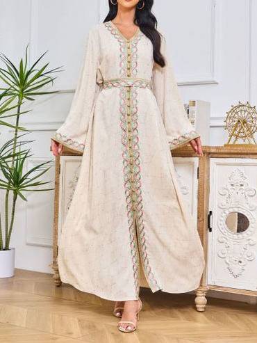 Stylish And Comfortable Moroccan Chic Muslim Embroidered Belt Dress Robe