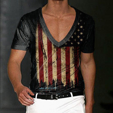 Usa Lndependence Day Men's Chic Flag Print Deep V Neck T-shirt