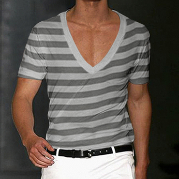 Men's Deep V Neck Chic Striped Basic Casualt-shirt