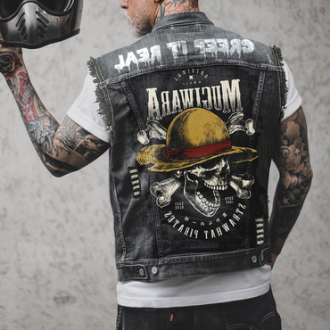 Men's Skull And Bone Print Chic Distressed Motorcycle Casual Denim Vest