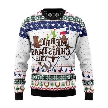 Men's Vintage Merry Christmas Chic Y'all Texas Western Cowboy Print Crew Neck Ugly Christmas Sweatshirt