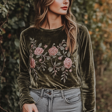 Women's Embroidered Long Sleeved Chic Velvet Top