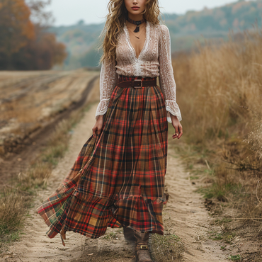 Women's Retro Plaid V-neck Chic Long-sleeved Long Skirt Pastoral Style Dress