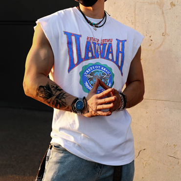 Retro Men's Hawaii Print Chic Tank Top Oversized Sleeveless T-shirt