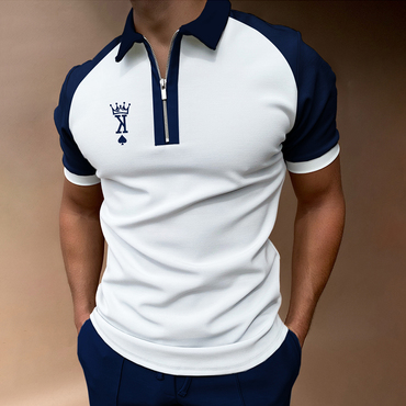 Men's Casual Crown King Print Chic Color Matching Short Sleeve Zipper Polo Shirt