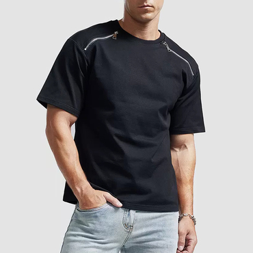 Men's Casual Motorcycle Chic Zipper Loose Short-sleeved T-shirt Men's Pure Cotton Top