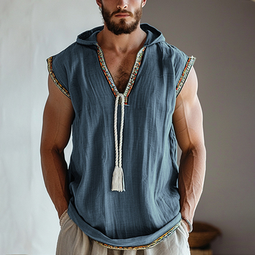 Men's Bohemian Hooded Sleeveless Chic Linen Shirt