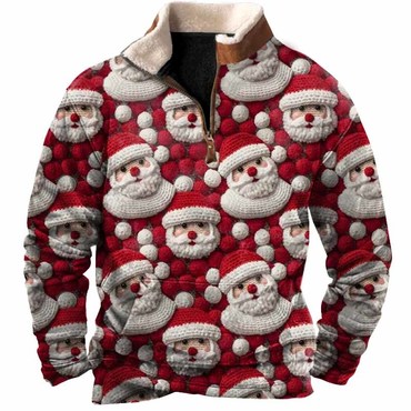 Men's Vintage Santa Claus Chic 3d Print Fleece Stand Collar Ugly Christmas Sweatshirt