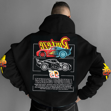 Men's Vintage Racing Car Chic 95 Lightning Rusteze Pocket Long Sleeve Black Loose Hoodie