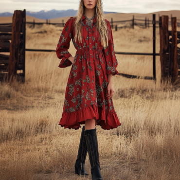 Ladies Vintage Tomato Floral Chic Printed Western Style Long Sleeves Shirt Collar Rustic Boho Dress