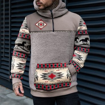 Retro Men's Casual Western Chic Ethnic Collage Sherpa Hoodie