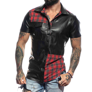 Leather Check Panel Short Sleeve Chic Shirt