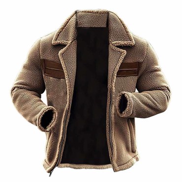 Men's Vintage Fleece Patchwork Chic Leather Lapel Collar Outdoor Warm Layer Jacket