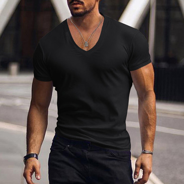 Mens Solid Color Classic Chic V-neck Basic Tee