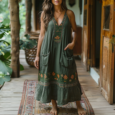 Women's Summer Retro Loose And Chic Comfortable Bohemian Suspender Dress Long Skirt