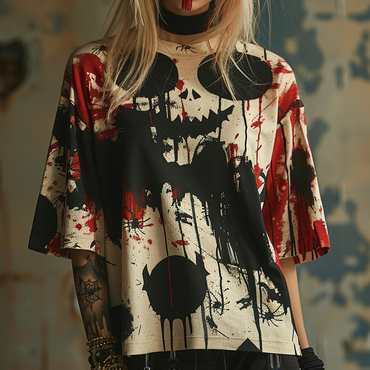 Oversized Halloween T-shirt Pumpkin Chic Bat Tie-dye T-shirt Gothic Dark T-shirt