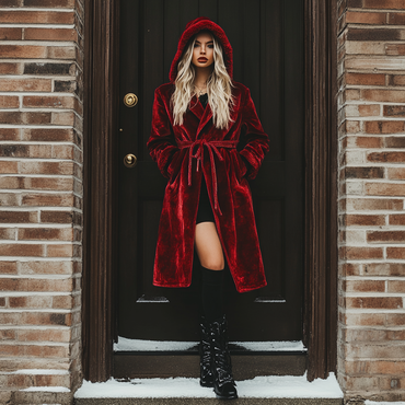 Women's Velvet Vintage Autumn And Chic Winter Hooded Fur Collar Warm Long Coat