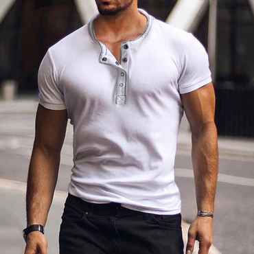 Men's Casual Breathable Vintage Chic Henley Collar Cotton Short Sleeve T-shirt