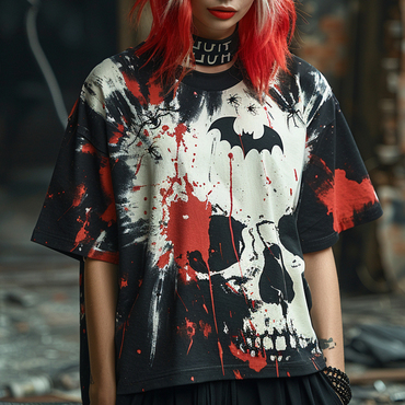 Oversized Halloween T-shirt Pumpkin Chic Bat Tie-dye T-shirt Gothic Dark T-shirt