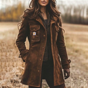 Women's Jacket Vintage Suede Chic Lapel Collar Mid-length Coat