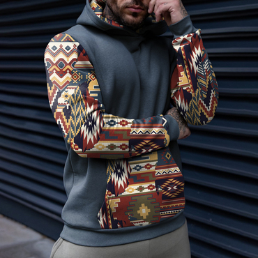 Vintage Men's Casual Western Chic Ethnic Geometric Print Hooded Sweatshirt