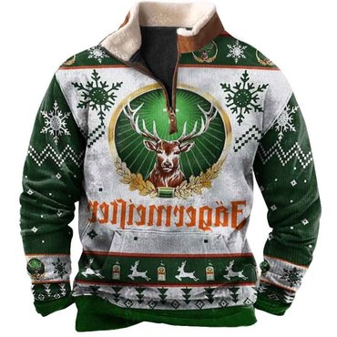 Men's Vintage Deer Ugly Chic Christmas Print Fleece Collar Quarter Zip Stand Collar Sweatshirt