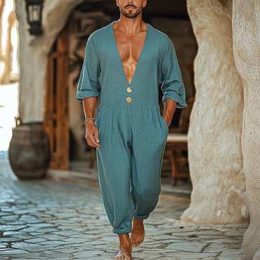 Men's Holiday Gentleman V-neck Chic Linen Jumpsuit