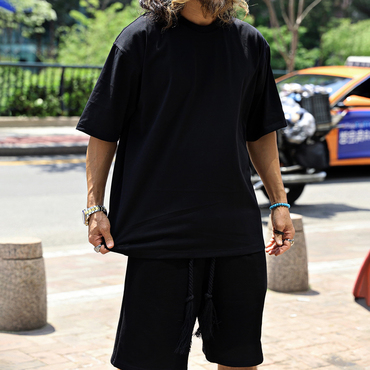 Men's Pure Cotton Black Chic Round Neck Short Sleeve Drawstring Shorts Set