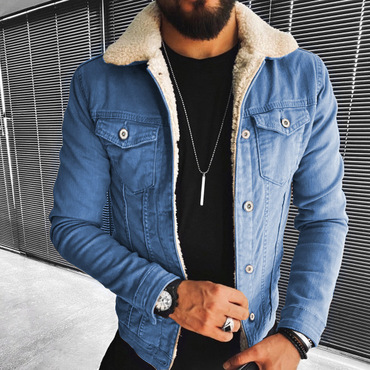 Men's Casual Punk Motorcycle Chic Imitation Wool Washed Denim Jacket