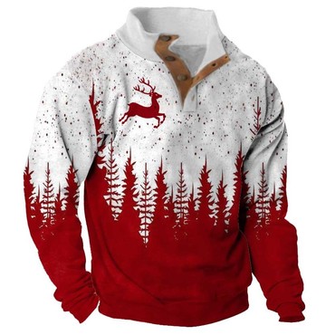 Men's Sweatshirt Christmas Tree Chic Reindeer Stand Collar Buttons Daily Tops Red