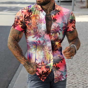 Men's Seaside Beach Coconut Chic Tree Short Sleeve Shirt