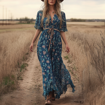 Ladies Vintage Blue Floral Chic Printed Western Style Long Sleeves Rustic Boho Dress