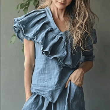 Women's Linen Asymmetric Ruffle Chic Short Sleeve Shirt