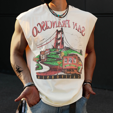 Retro Men's San Francisco Print Chic Tank Top Oversized Sleeveless T-shirt