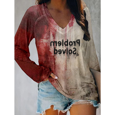 Womens Bloody Problem Solved Chic Halloween Print V-neck T-shirt