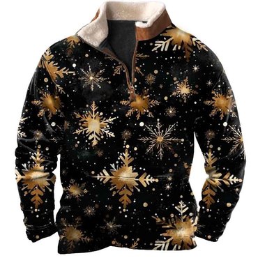 Men's Vintage Christmas Snowflake Print Chic Fleece Collar Quarter Zip Stand Collar Sweatshirt