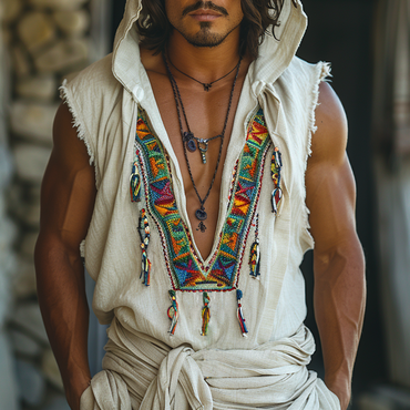 Retro Men's Ethnic V-neck Chic Sleeveless Linen Hoodie Casual Retro Tribal Top Bohemian Style Sleeveless Tank Top