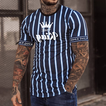 Men's Fashion The King Chic Stripe Print Casual Slim Fit Short Sleeve T-shirt